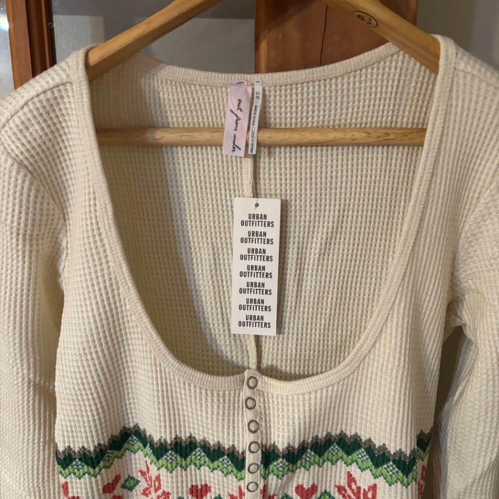 Urban Outfitters: Lounge Around Waffle Knit Fairisle Romper -XL - Cream - Picture 4 of 13